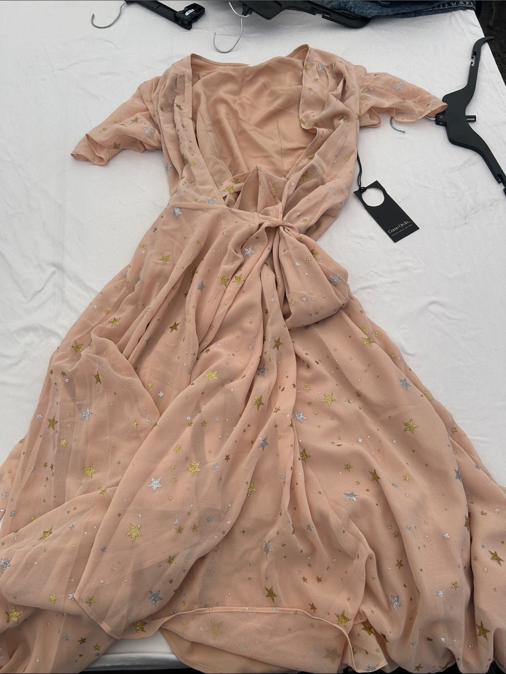 Privacy Please Chiffon Star-Embroidered Tie-Waist Dress — Blush Pink